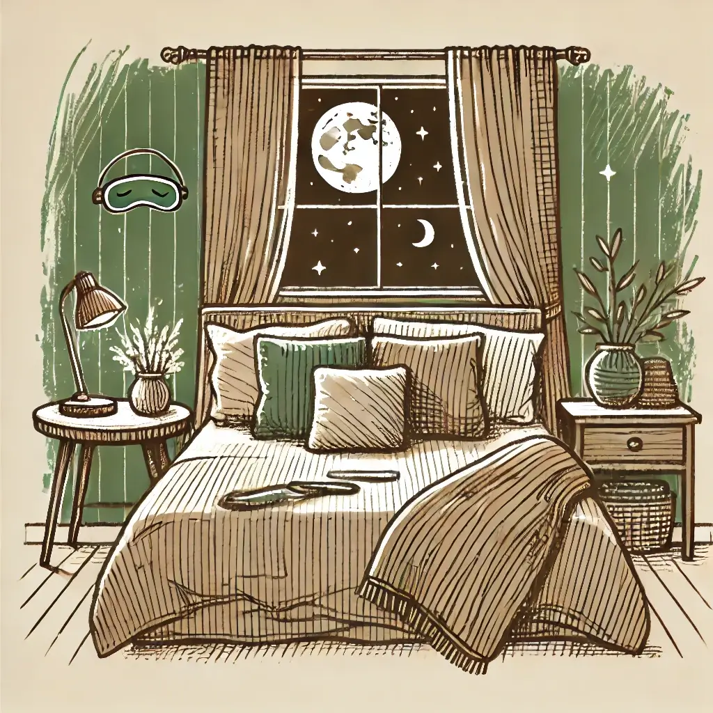 Illustrated cozy bedroom with a bed, pillows, and a nightstand holding a lamp and plant. A window with curtains shows a night sky with the moon and stars. A sleep mask hangs nearby, and a plant rests on the floor. Soft, warm color palette.