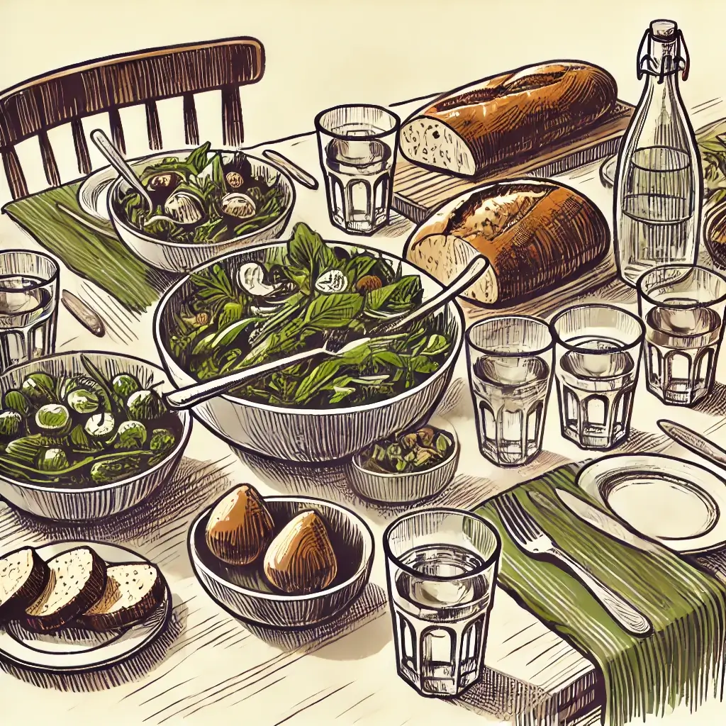 Illustration of a dining table set with green salads, loaves of bread, pears, glasses, and a water bottle. Everything is arranged neatly on the table with green placemats.