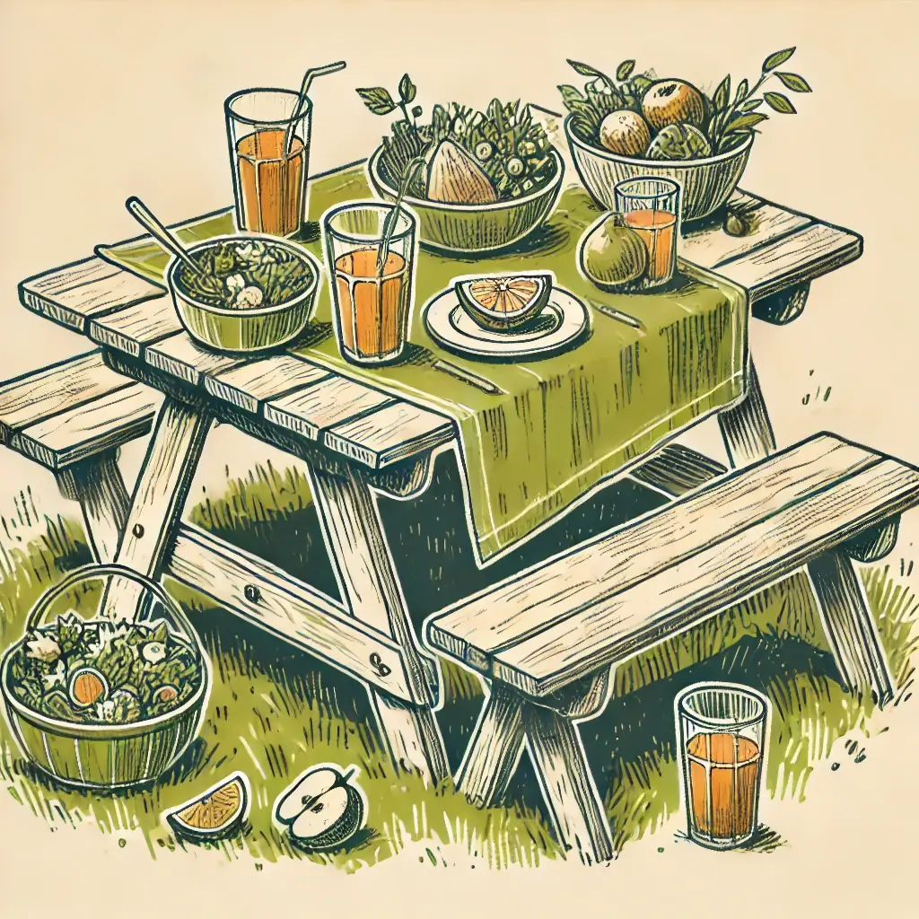 Illustration of a picnic table with a green tablecloth, holding bowls of salad, fruits, and glasses of orange juice. Plates, a slice of lemon, and cutlery are also on the table. Grass surrounds the wooden table and bench setup.