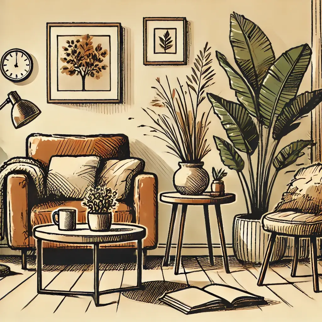 A cozy living room with a brown armchair, a small table holding a mug and plant, and a larger plant in the corner. Wall art includes a tree print and a leaf print. A clock hangs on the wall. An open book lies on the floor. Warm, earthy tones dominate.